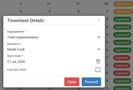 Timesheet Details form for logging hours against a project engagement