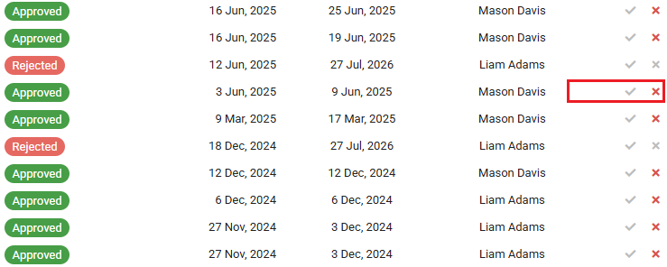 Leave approval log with Approved and Rejected status pills