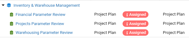 Inventory and Warehouse Management task list with Assigned status pills
