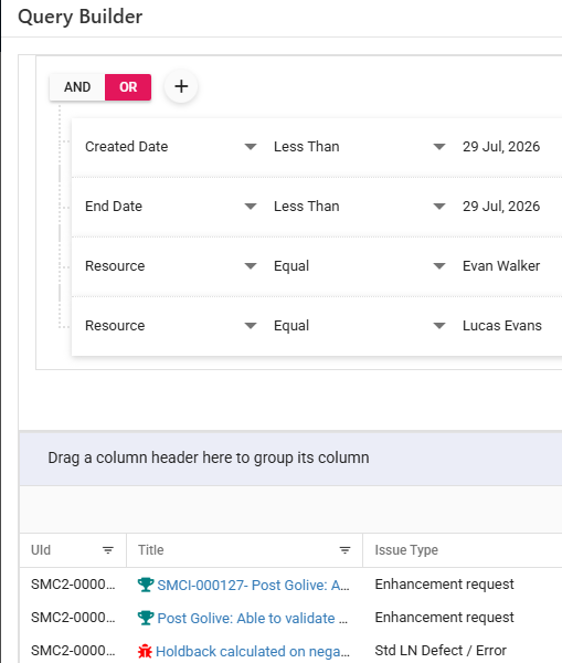Query Builder panel with AND/OR filter conditions and a live results grid