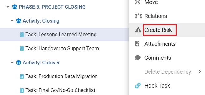Task tree panel with a context menu open showing Move, Relations, Create Risk, Attachments, Comments, Delete Dependency, and Hook Task actions