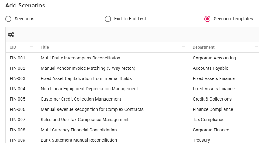 Add Scenarios panel with Scenarios, End To End Test, and Scenario Templates radio options above a UID, Title, and Department table