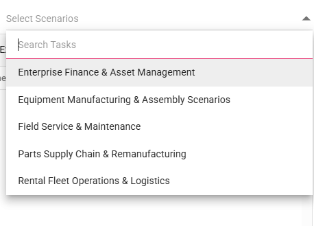 Select Scenarios dropdown with a search field and a list of scenario category templates