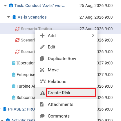 Task list with a right-click context menu open, showing the Create Risk action